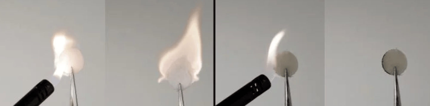 Standard battery materials can be seen catching fire on the left, while a novel, non-flammable material is able to resist this as seen on the right