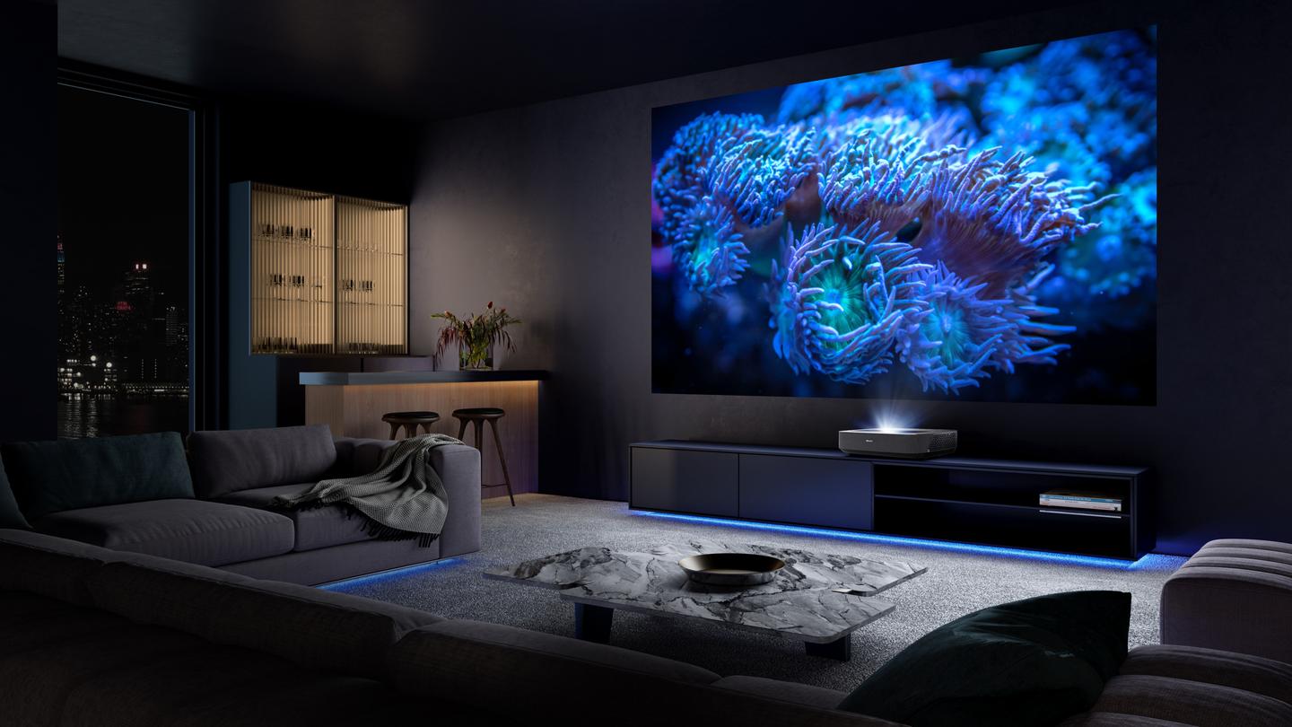 The PL1 Laser Cinema projector features powered focus and an adjustable lens for 4K visuals ranging from 80 inches to 120