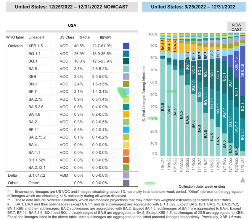 The CDC's latest Nowcast modelling showing the rapid spread of XBB.1.5