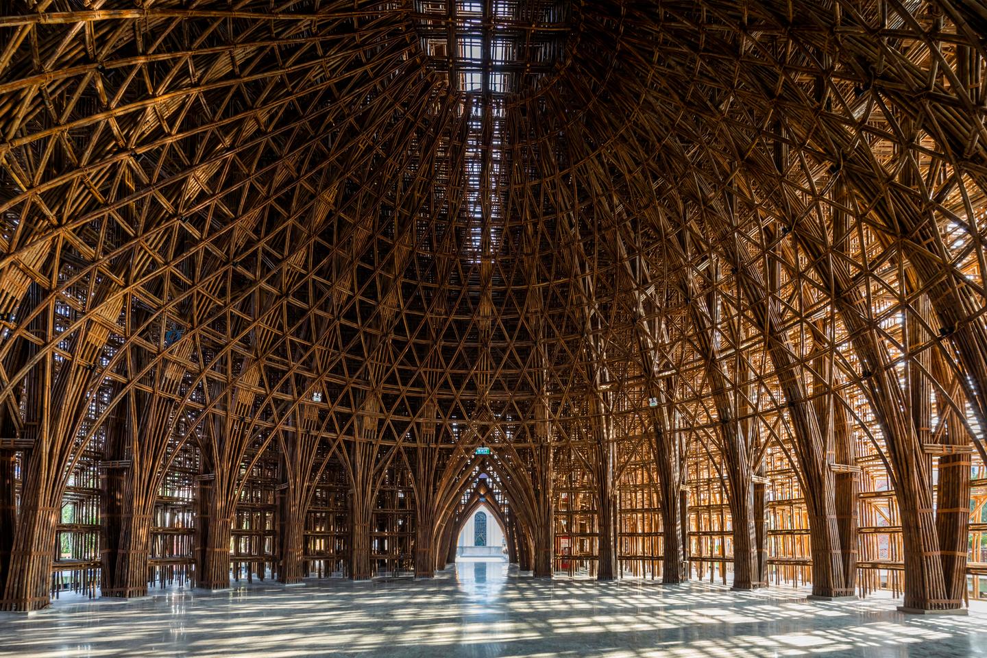 The Grand World Phu Quoc Welcome Center's structure is made up of 42,000 pieces of bamboo that have been joined together with rope and pins