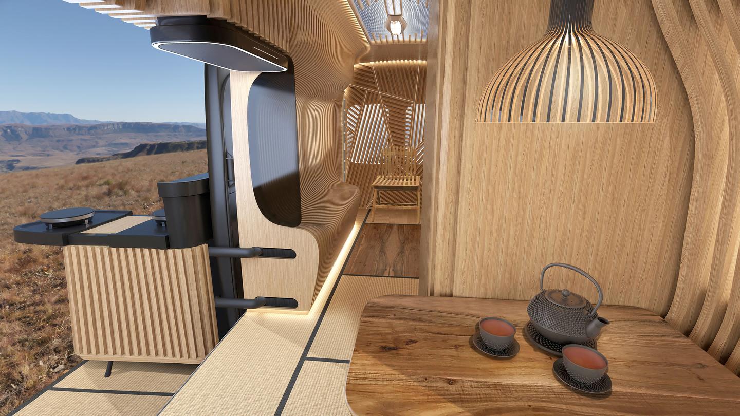 A look at the front dining nook/workstation and the swing-out kitchen