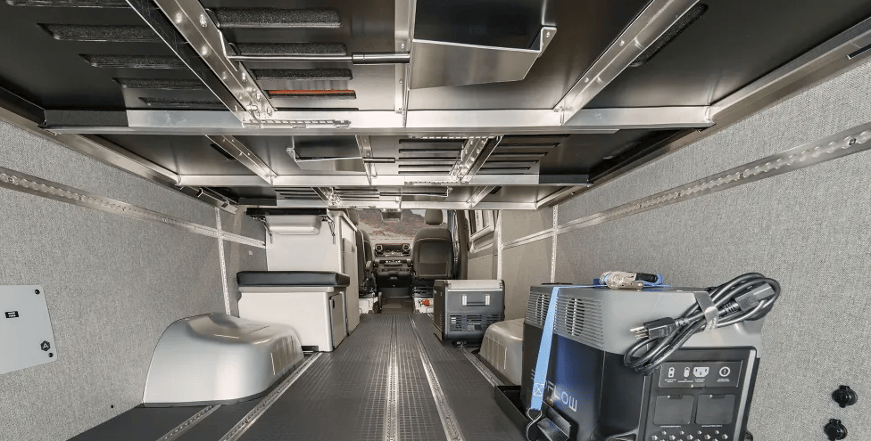 Instead of a hardwired electrical system, the Winnebago + Adventure Wagon camper van uses an EcoFlow portable power station
