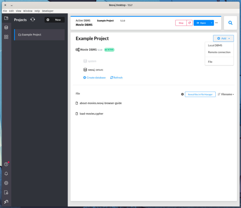 Adding a new connection to the Neo4j Desktop app.