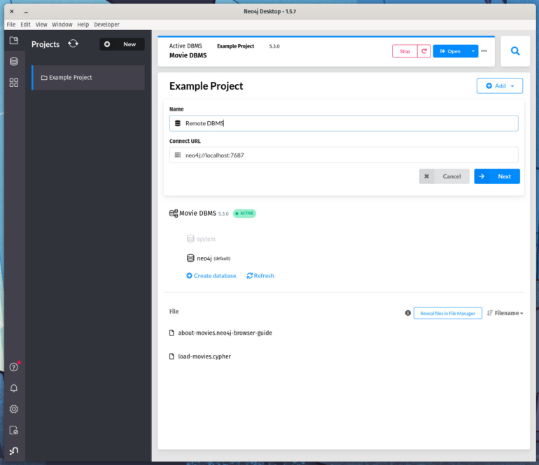 Adding a remote connection to the Neo4j Desktop app.