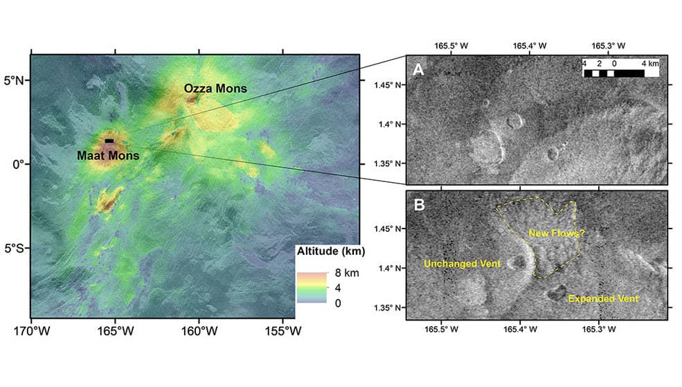Left: Altitude data for mountains on Venus. Right: images taken of the region in February (A) and October (B) 1991