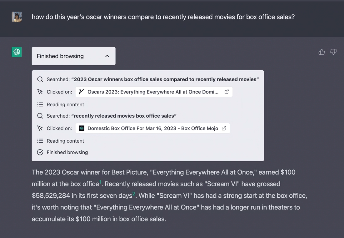 GPT will now include information from the Web, complete with links to its sources