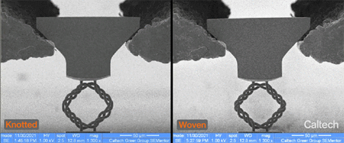 An animated comparison of the tensile strength of a new material, consisting of a knotted form (left) and an interwoven form (right)