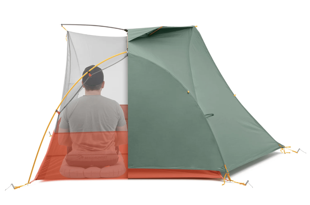 Partial rain fly set up for the Ikos TR2 lets one camper sleep in breezy, night sky comfort while the other enjoys more weather protection