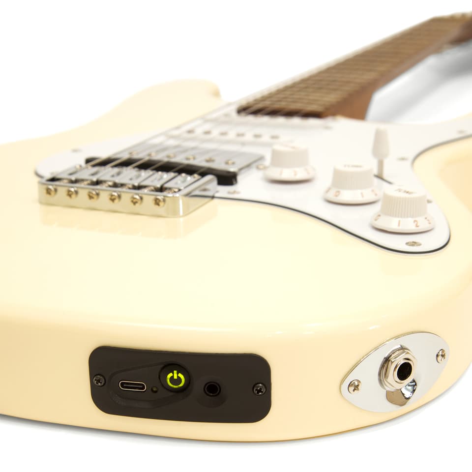 The instrument can be cabled to a regular guitar amp via the instrument jack, but also features onboard digital processing to track pitch and convert signals to MIDI