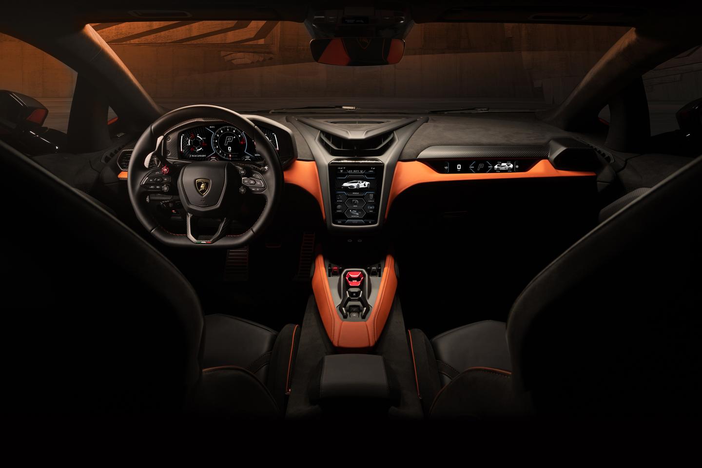 The cockpit of the Lamborghini Revuelto features exposed carbon fiber, leather and lightweight Dinamica microfiber made of recycled polyester