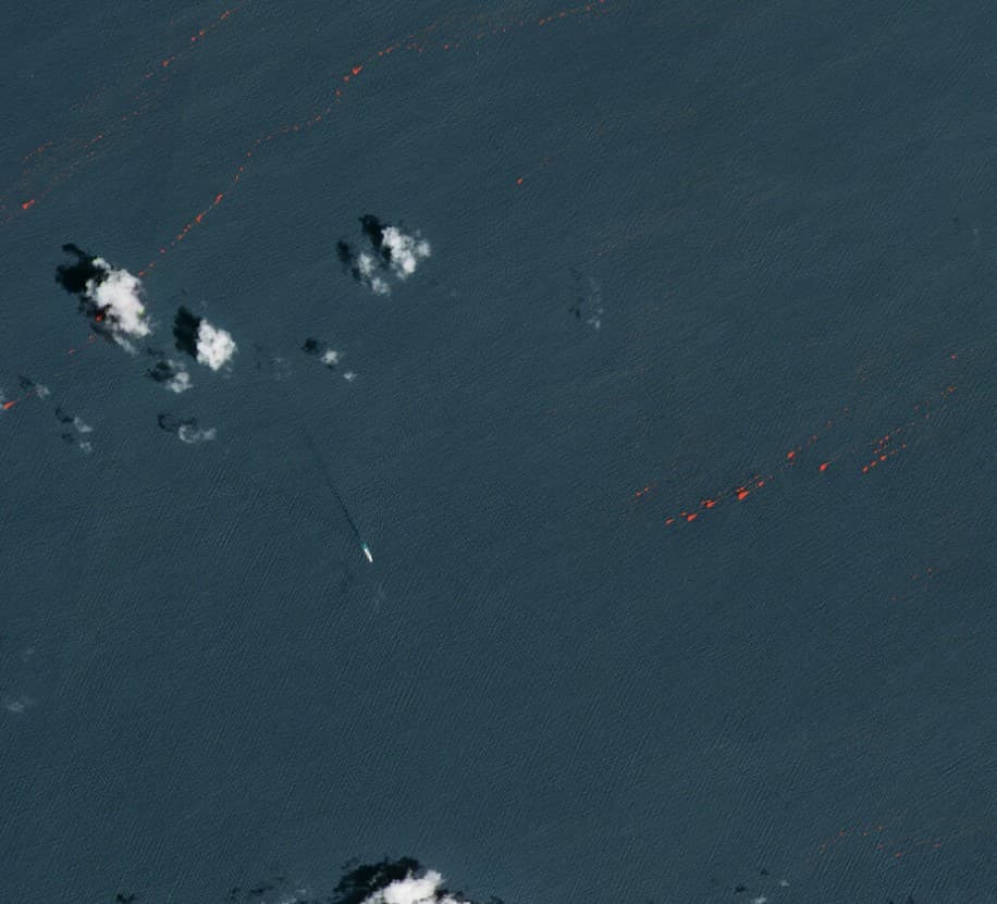 Infrared satellite image showing Sargassum mats in red