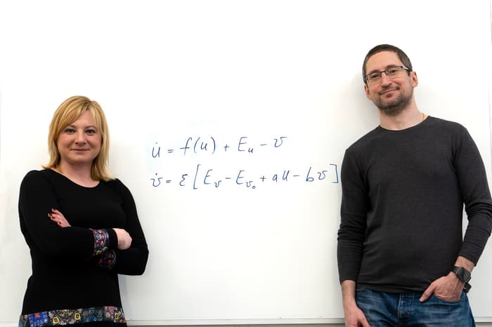 Yuliya Kyrychko (left) and Konstantin Blyuss with their two mathematical equations for achieving sexual climax