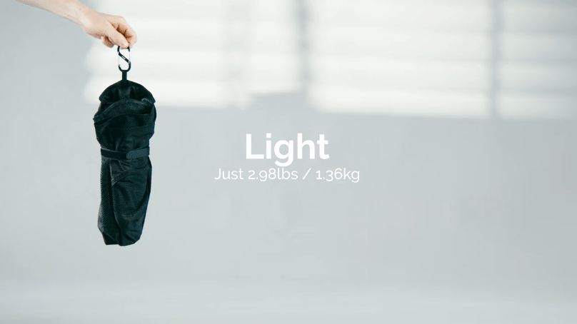 The Kickstarter campaign says 3.2 lb, but this photo gives a better idea of the packed size