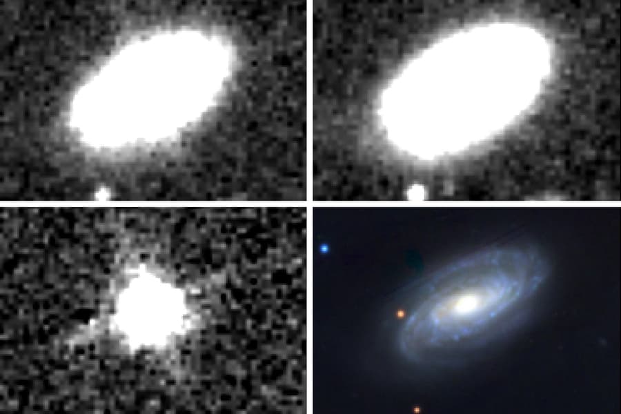 Images of the galaxy that's home to the new tidal disruption event (TDE). The top left infrared image shows the TDE flaring up in 2015, while the top right shows the galaxy in 2010-2011, before the flash. Bottom left shows the infrared light from the TDE itself after the galaxy's light is removed. Bottom right shows the galaxy in optical light.