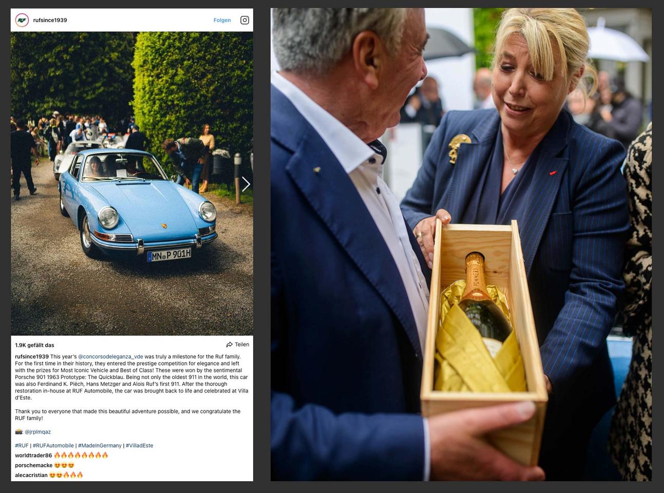 Not surprisingly, the Porsche 901 prototype won the Trofeo Vranken-Pommery for the best iconic car as voted by the Jury, and it also took out a class win in the "Porsche at 75" Class. It was also a very special day for Alois Ruf, who had been given the car as a birthday present nearly half a century ago. As the now chairman of RUF, the company best known for modifying 911s, he proudly accepted the Trofeo Vranken-Pommery.