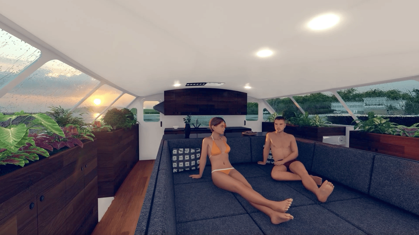 Sovereign imagines growing staples like potatoes, carrots, kale and peppers all around the Sphinx 40 interior