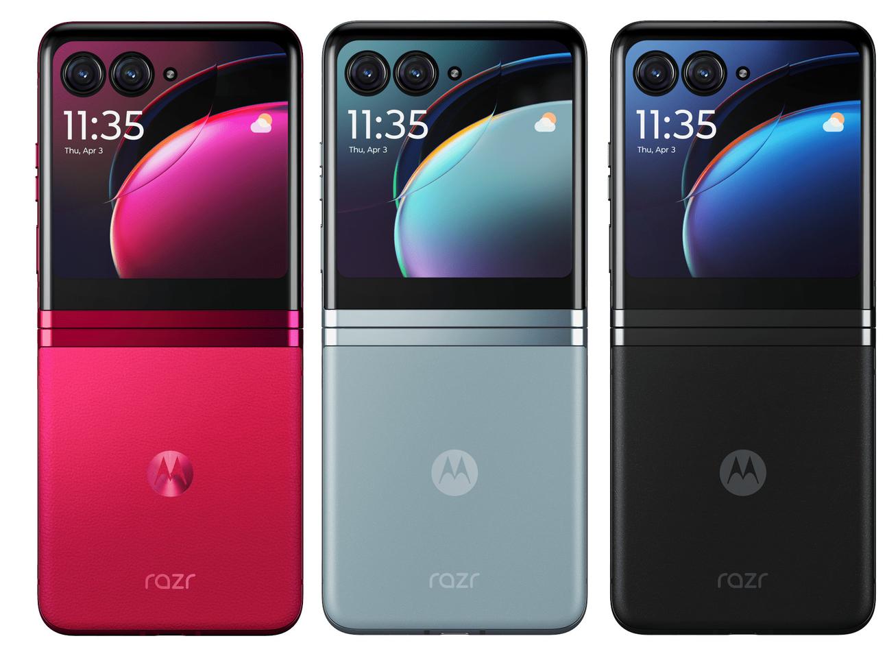 The Razr+ flip-phone is available in Viva Magenta, Glacier Blue and Infinite Black