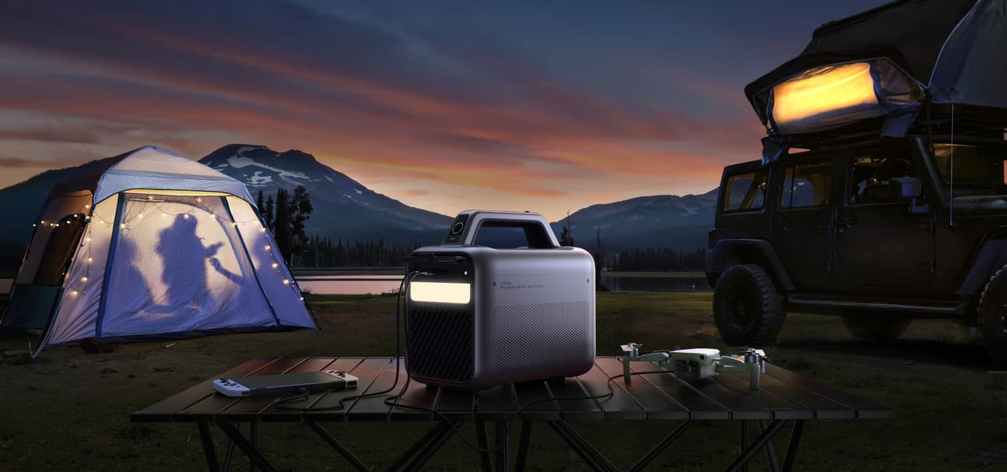 The built-in battery can provide mobile power at camp, and the unit also comes with integrated ambient lighting