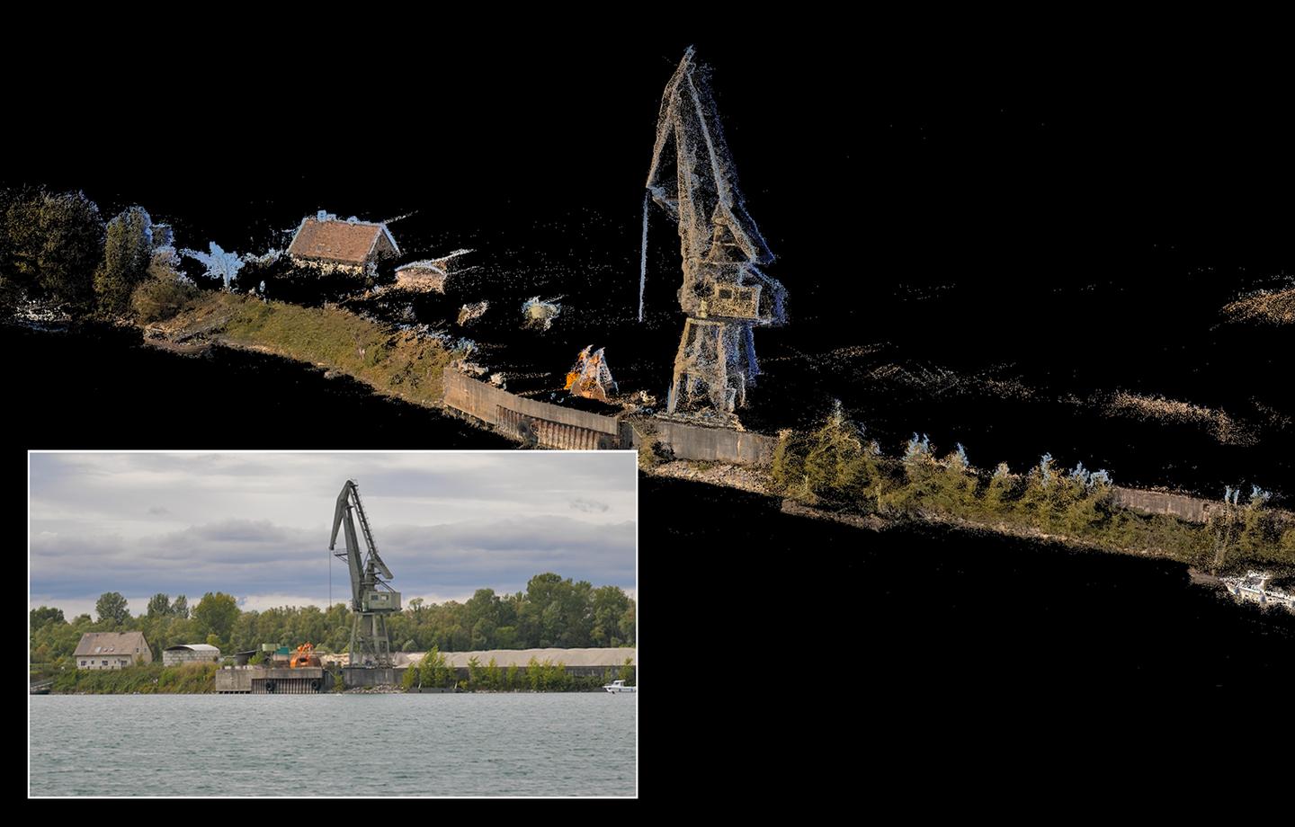 A 3D reconstruction of bank structures generated by combining the cameras and laser scanner, along with a photo of the same section of bank taken from the perspective of the watercraft