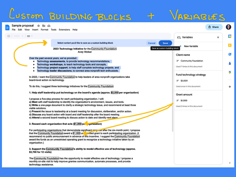 How to Use Custom Building Blocks & Variables in Google Docs
