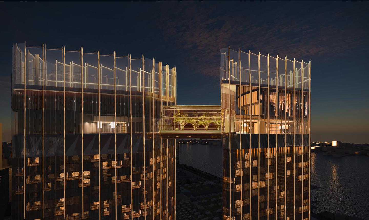 The Avenir's two skyscrapers will be connected by a publicly accessible skybridge situated 630 ft (192 m) above New York's streets