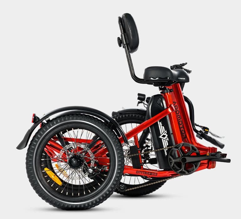 The CityTri E-310's frame and handlebar fold for storage and transport by car