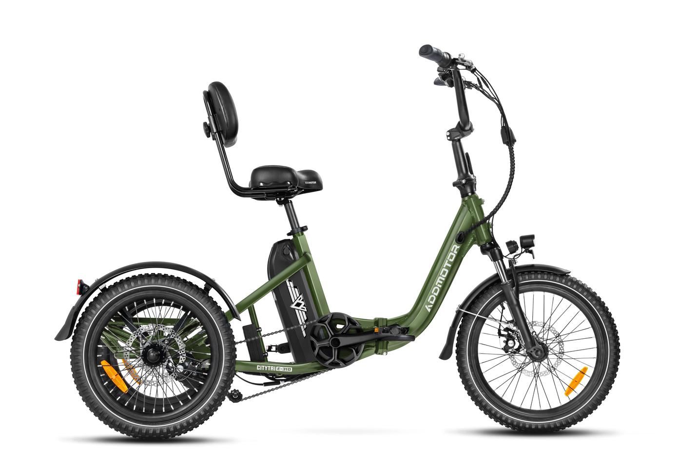 The CityTri E-310 features a 1,400-W peak motor at the rear, a 960-Wh battery behind the seat, seven levels of pedal-assist, and a half-twist throttle