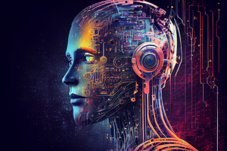 A colorful robot head representing generative AI.