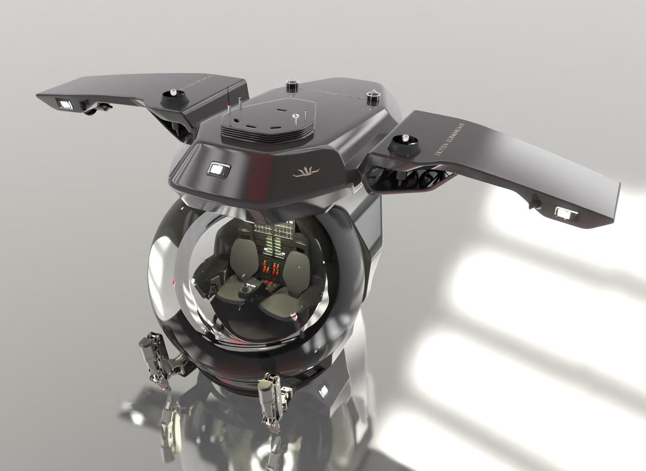 Triton's new Abyssal Explorer submarine rocks a neat set of extending gull wings, and is rated for more than 13,000 ft depths, making it the only acrylic ball sub capable of visiting the wreck of the Titanic