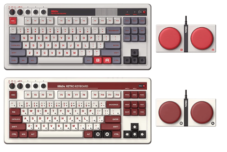 The 8BitDo Retro Mechanical Keyboards come in two models, styled after the Nintendo Entertainment System (top) and the Famicom (bottom)