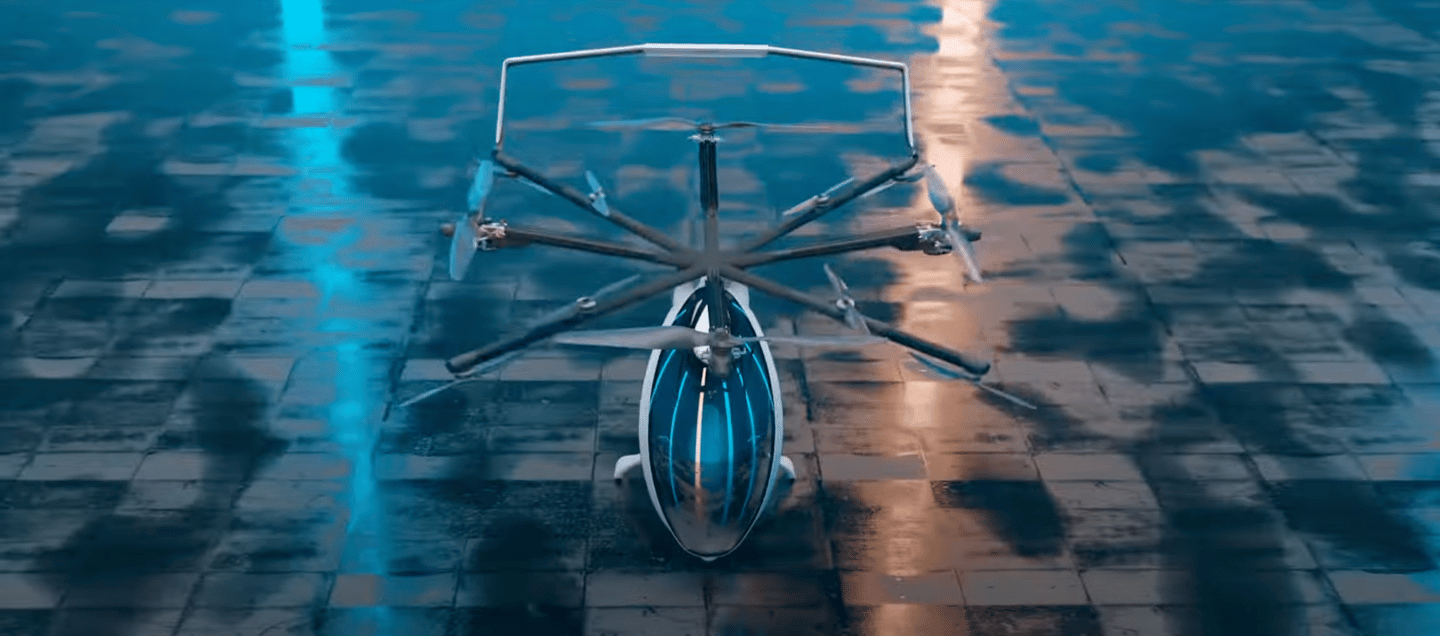 An interesting propulsion layout places large hybrid-powered props at the front, back and sides, and smaller, electric props on the diagonal struts