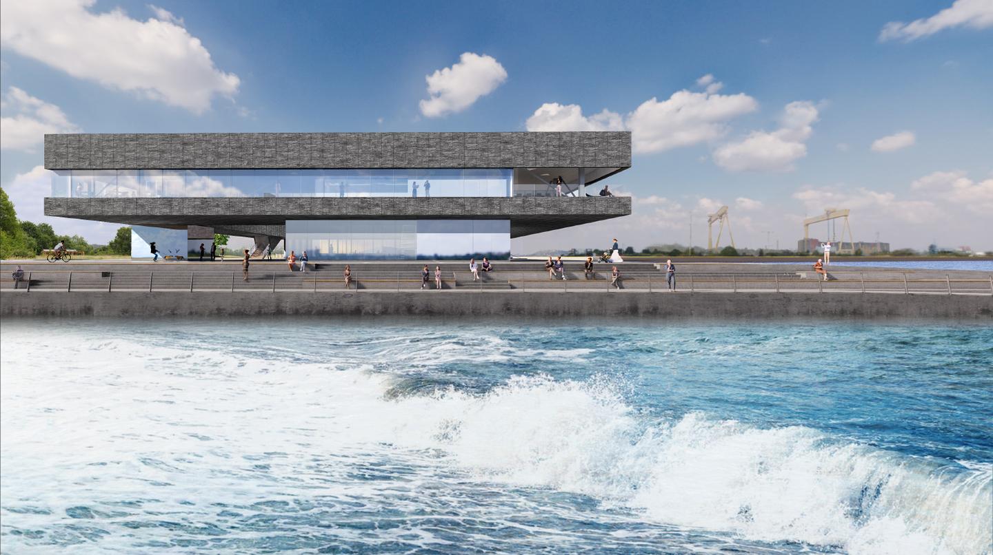 The Sea Square will feature an interesting design consisting of a stone and glass building "floating" above a public square