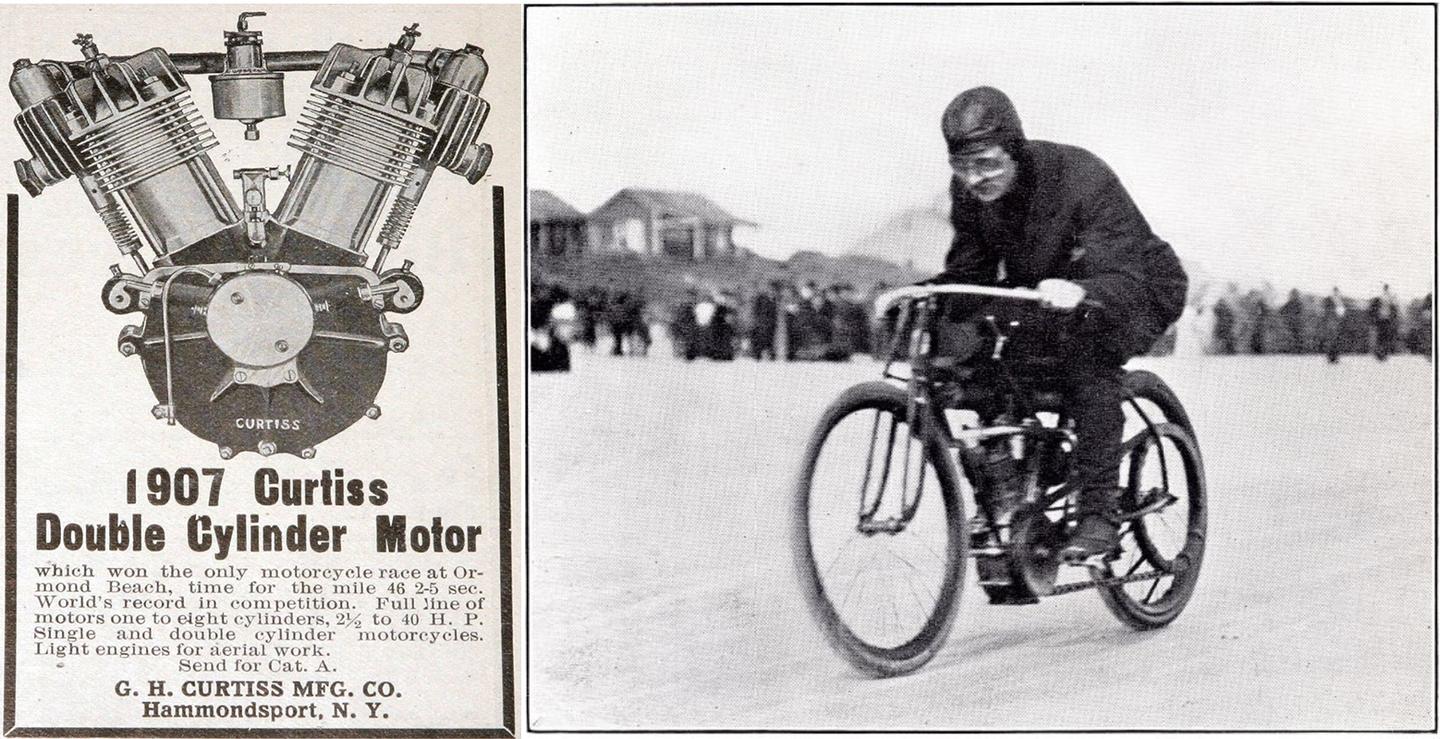 An advert for Glenn Curtiss' enterprizes 116 years ago, and a newspaper clipping of Curtiss on Ormond Beach, setting a world speed record for a motorcycle on this very same model.