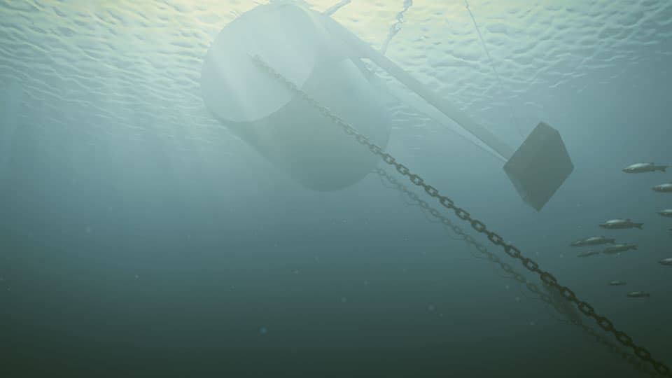 Buoyant barrel floats are anchored to the sea floor