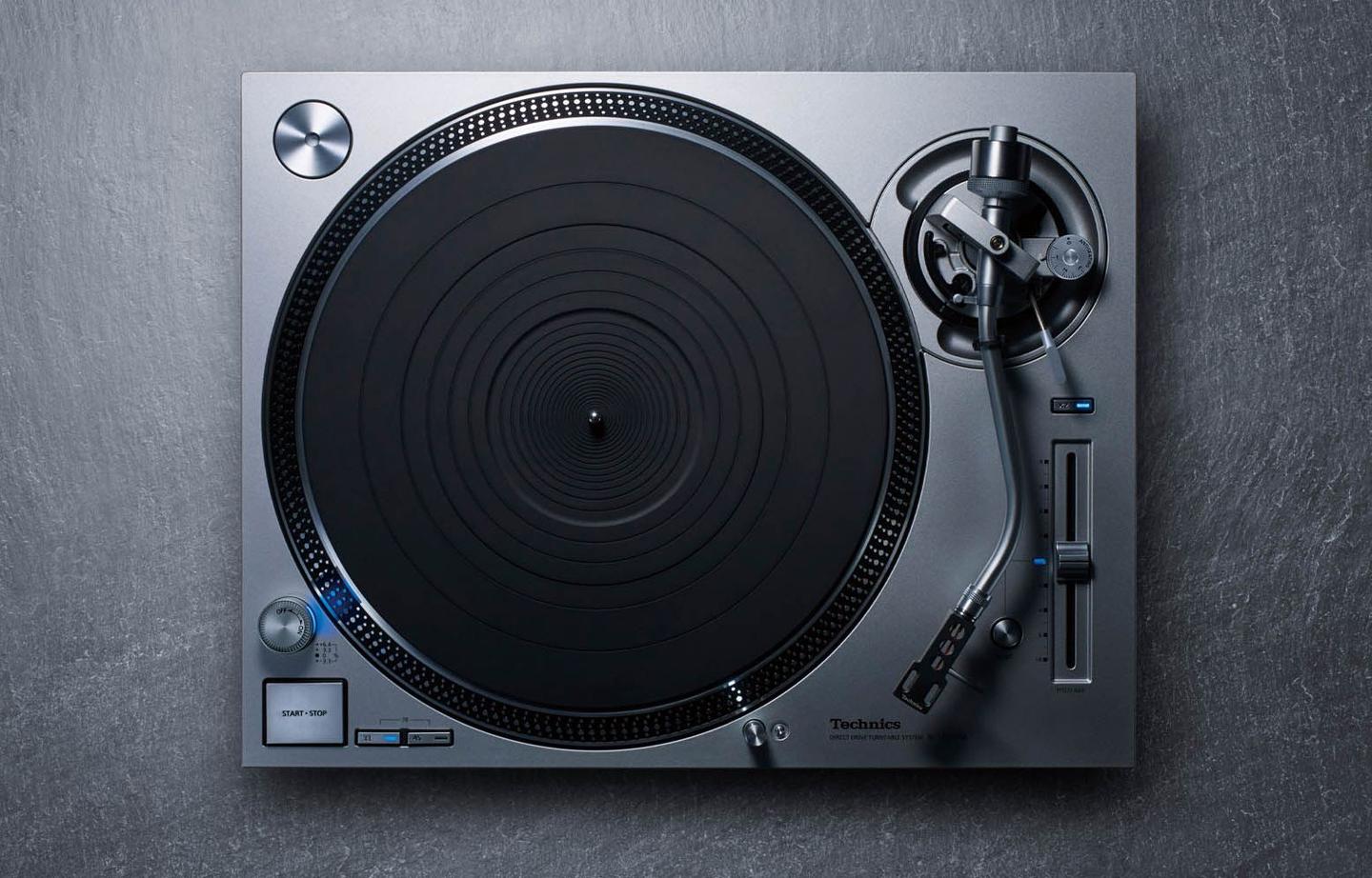 The SL-1200GR2 turntable features a coreless direct-drive motor with new Delta Sigma Drive control, supports playback of 33, 45 and 78 rpm records on an aluminum platter dampened by heavy rubber, and rocks a signature S-shaped tonearm