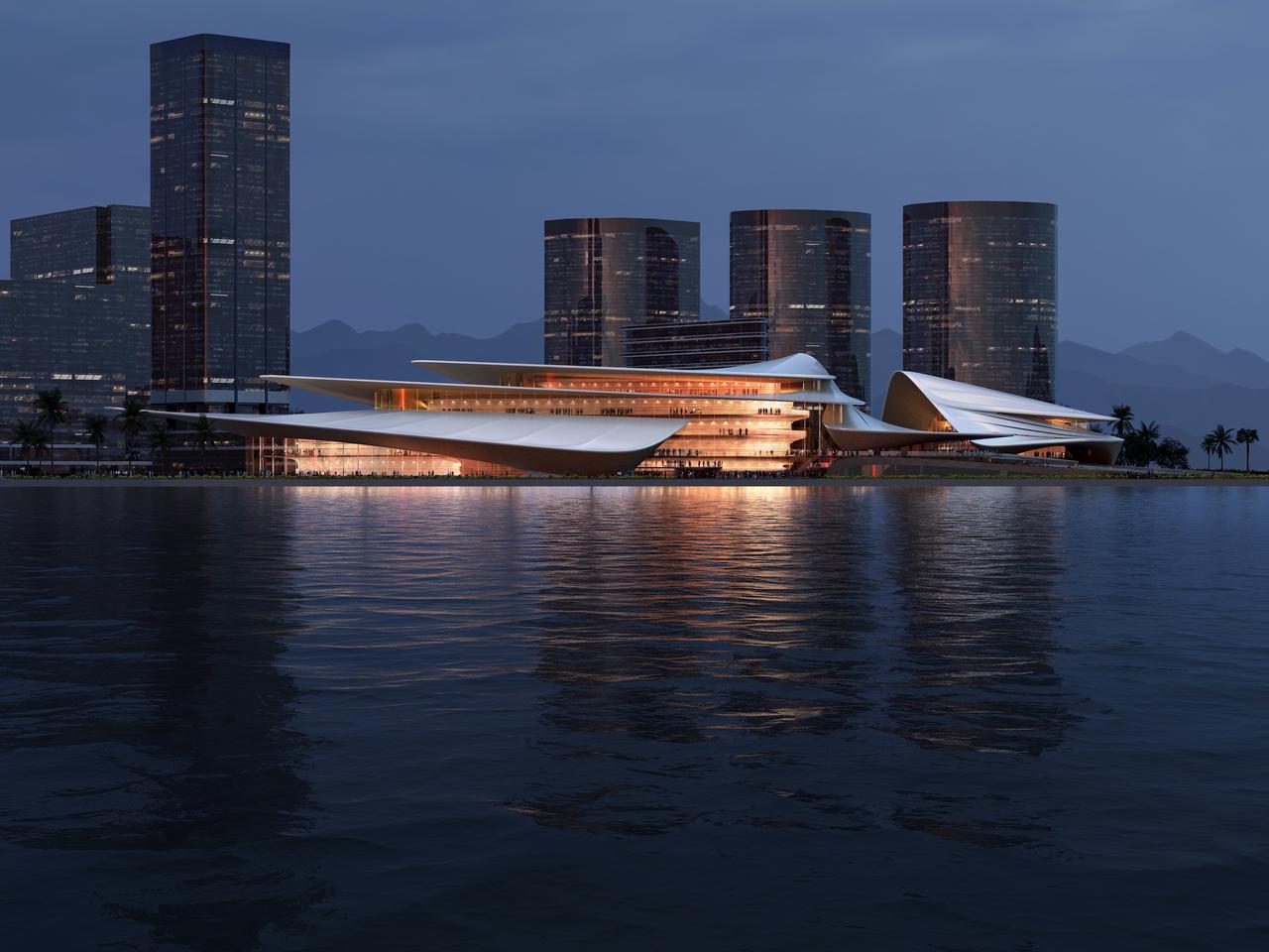 The Sanya Cultural District's layered roof is likened to sails in a sea breeze by Zaha Hadid Architects