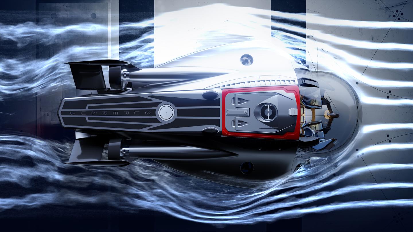 Wind tunnel testing – note the flow-directing hydrofoils behind the thrusters