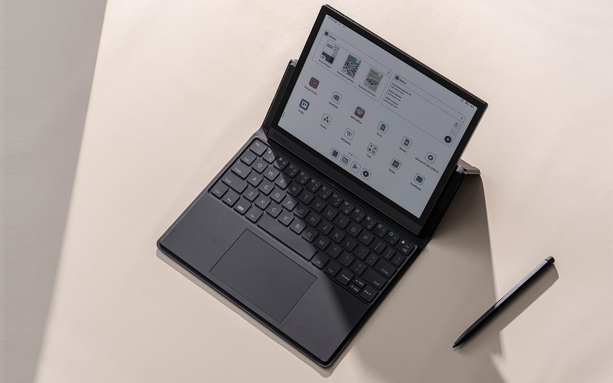 The Boox Tab Ultra C Pro comes with a stylus that includes a built-in eraser, and can be had with a folio keyboard featuring a trackpad