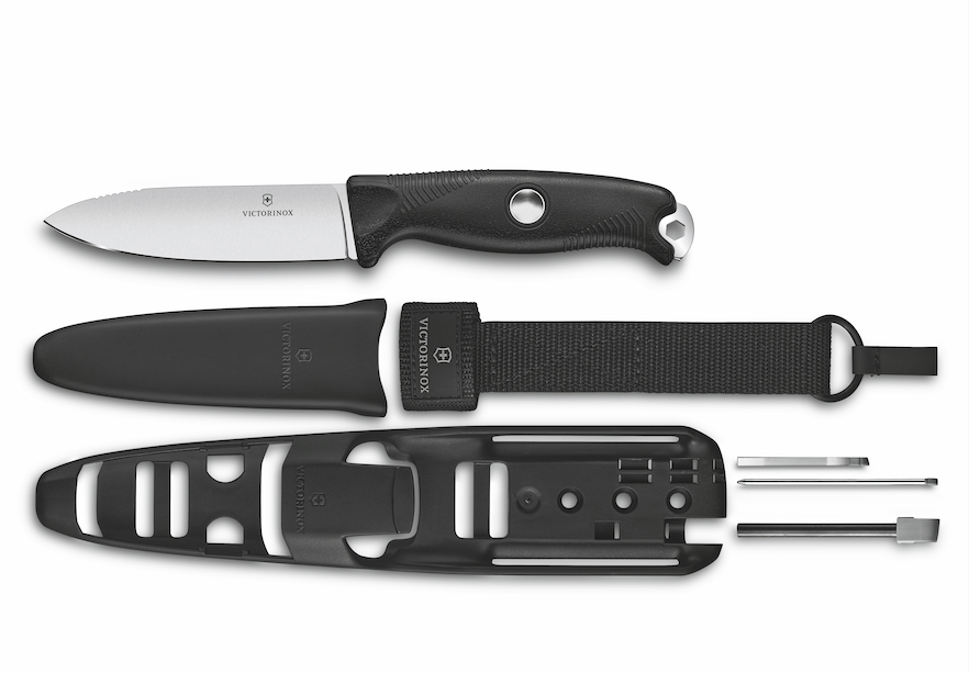 The complete Venture Pro: knife, sheath/blow tube, belt loop holder, tweezers, fire steel and pressurized ballpoint pen