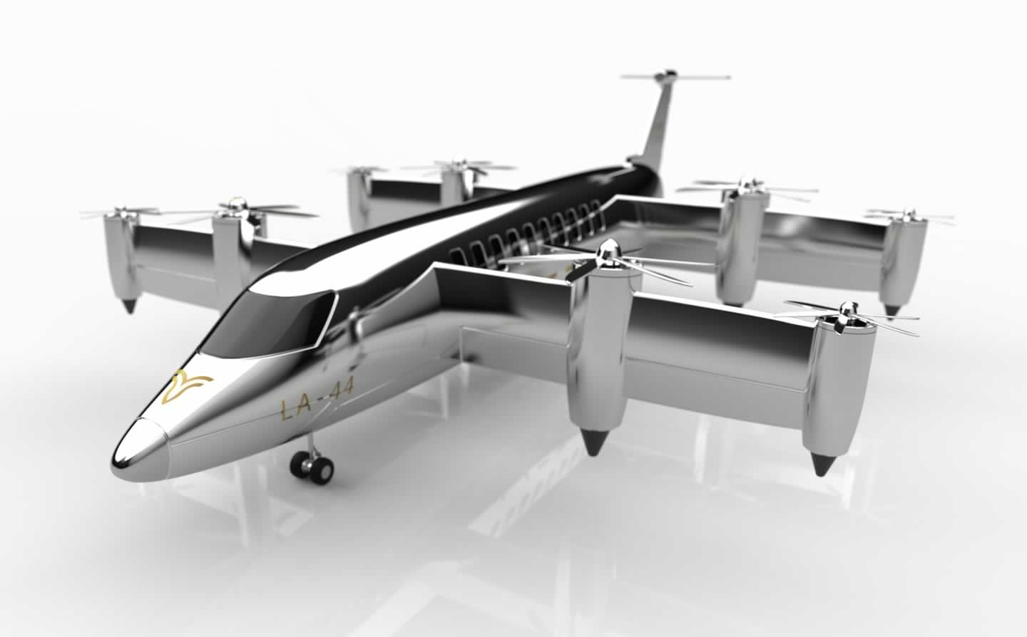 Eight curiously small rotors mounted on tilting wings
