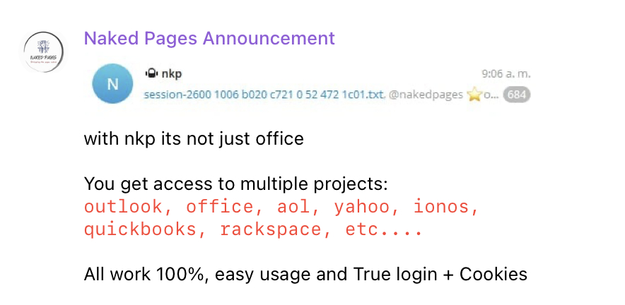 Example of an announcement on the NakedPages Telegram channel.