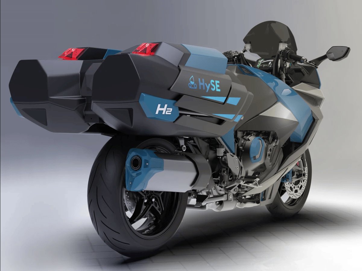 Hydrogen takes up a lot of space, in this case in enormous hard panniers