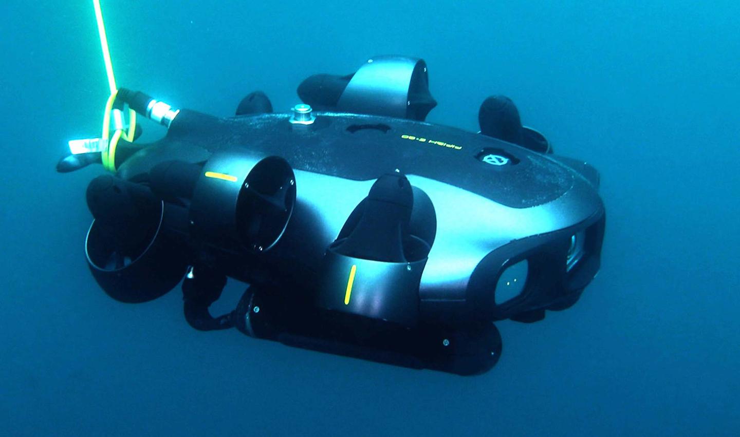 Like other underwater drones, the FiFish E-GO is linked to its topside operator by a communications cable