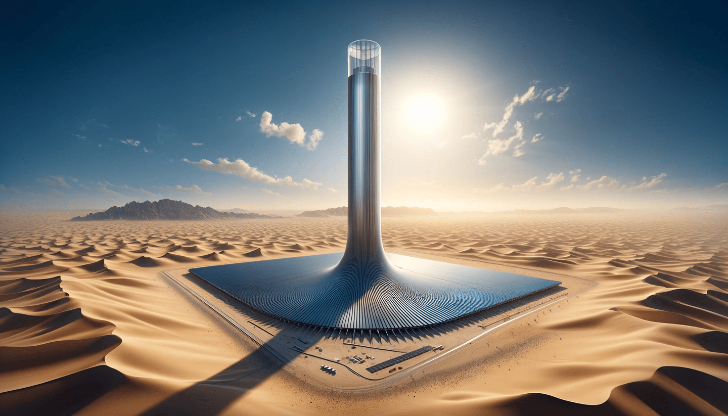 A 200-meter-tall, double-action solar updraft/downdraft tower could generate clean energy 24/7 in a hot, dry desert area