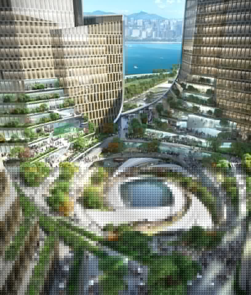 The center of Tencent Helix will include a large garden area, which will provide staff with green space and some fresh air