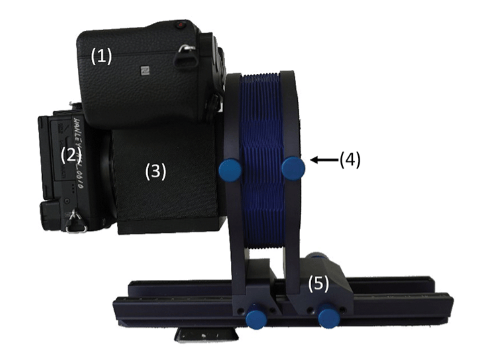The camera system is sensitive to (1) UV and (2) visible light, plus (3) the modular cage, and (4) the enlarging lens within a recessed (see arrow) custom mount. Here, it's mounted on the commercially available (5) Novoflex BALPRO bellows system