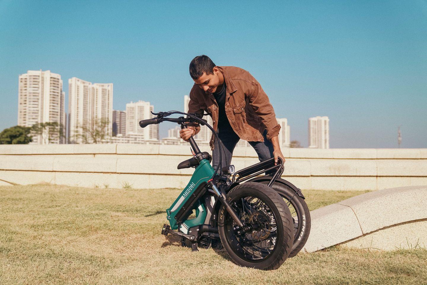 The long-range One cargo ebike can fold down for between-trip transport or storage