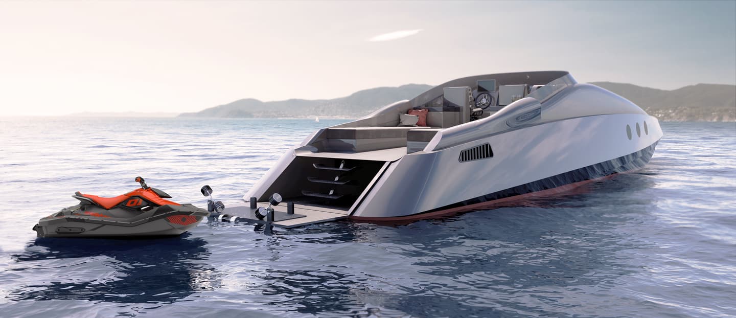 The beach club is also the electric transom door for the water toy garage