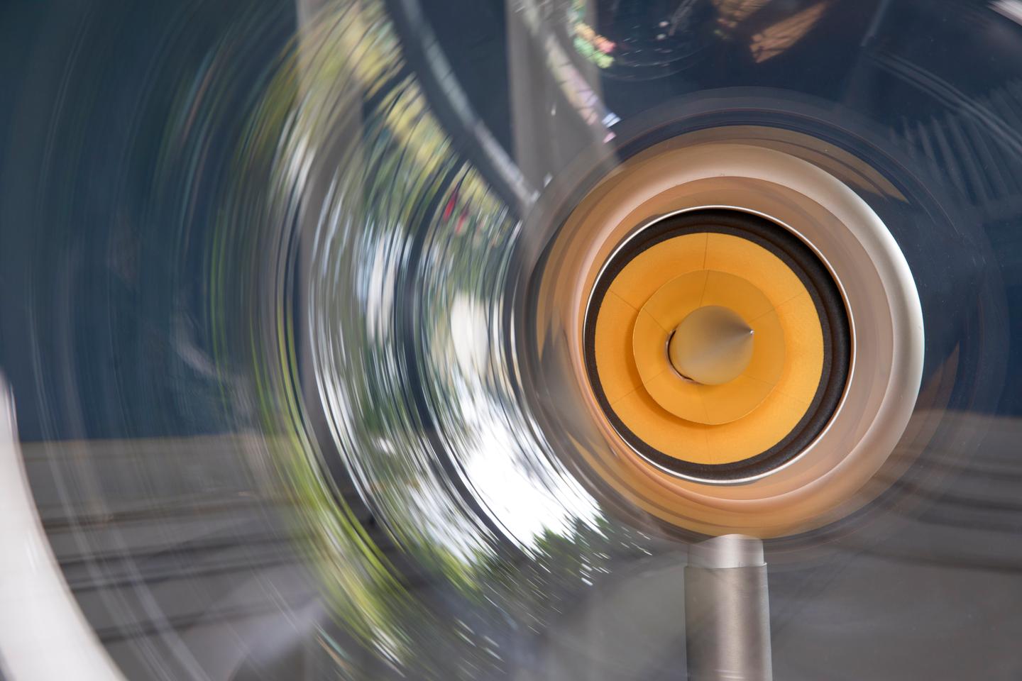 The transparent horn is made from molded acrylic, features a new full-range drive unit and is supported on a dampened steel frame