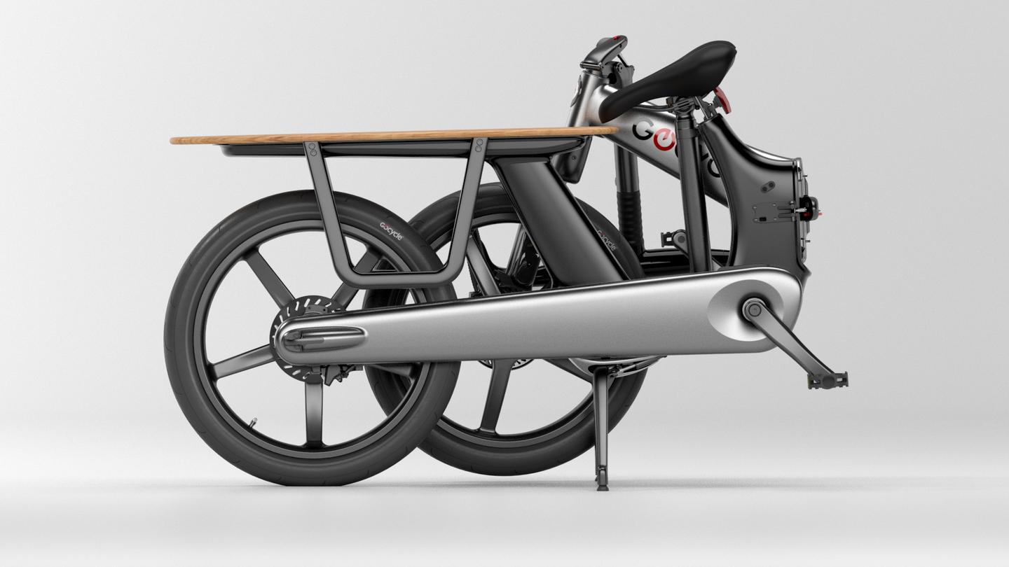 The CXi and CX+ cargo ebikes each collapse down to 46.5 x 15.75 x 30.75 inches